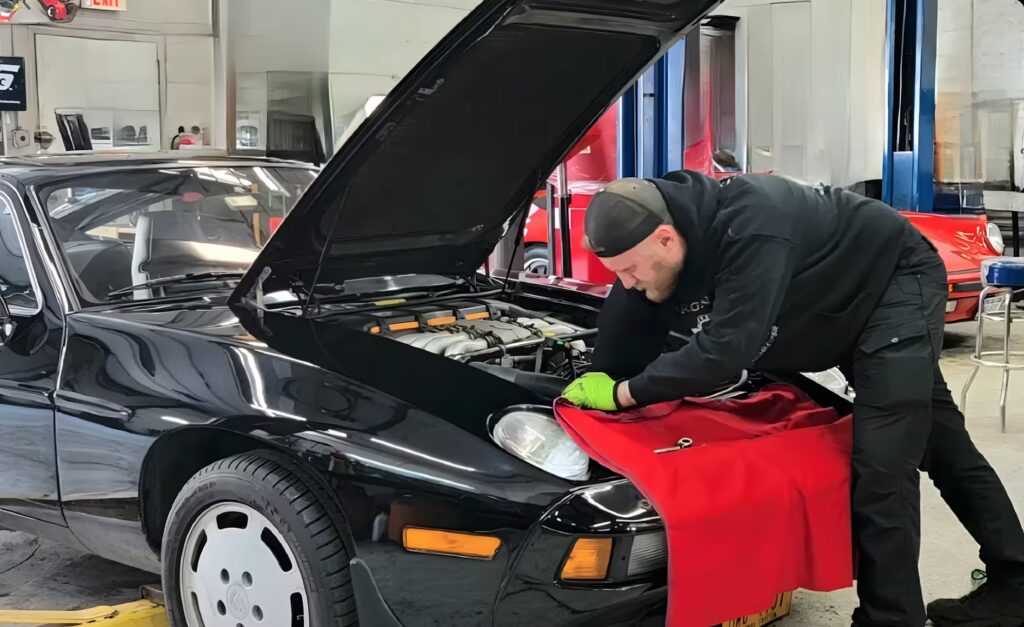 A person wearing a black hoodie and green gloves works on the engine of a black car with the hood open in a garage. A red cloth is draped over the front of the car for protection. Various automotive tools and equipment are visible in the background.